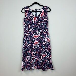 Talbots Navy Blue Paisley Print Sleeveless Dress Ruffle Bottom Women's Small